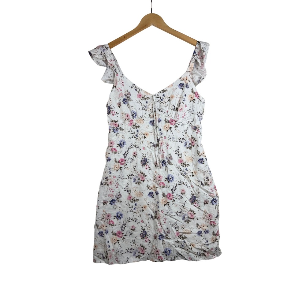 Be Spoiled Linen Blend Floral Print Cottagecore Mini Dress size XL White/Pink